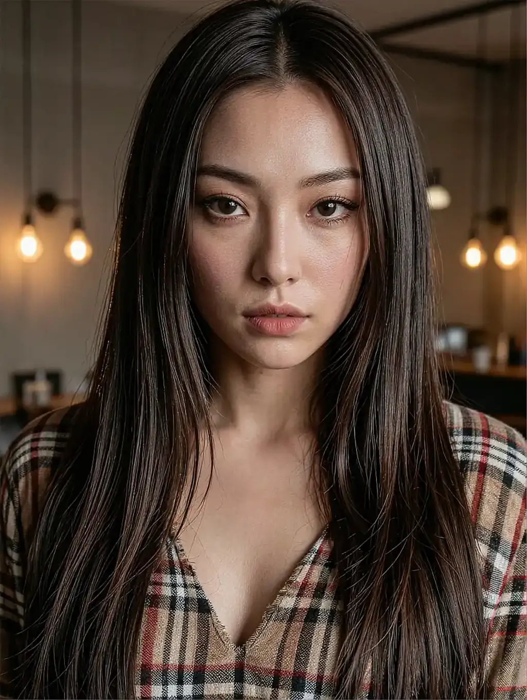 Fictional AI character with long brown hair in a plaid shirt under warm hanging bulbs