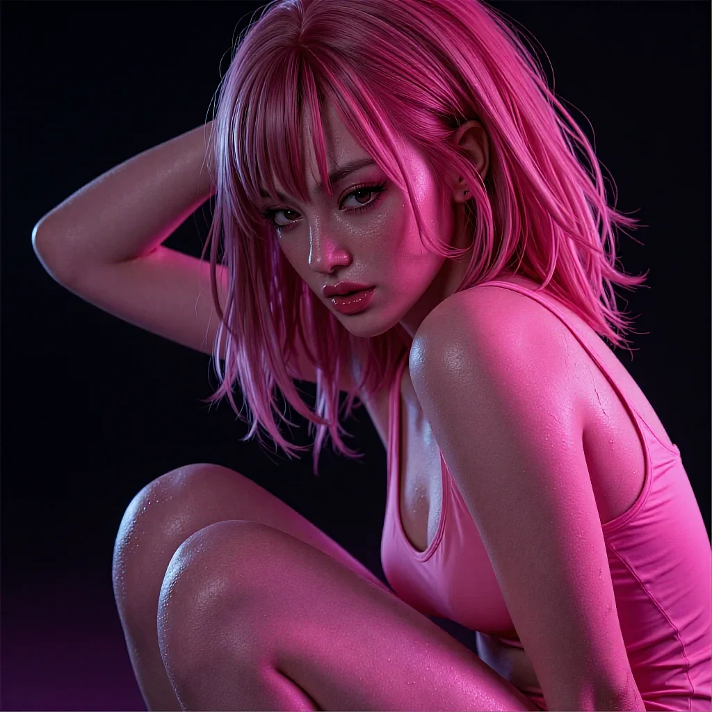 Round avatar: fictional AI character with bright pink hair against a dark magenta backdrop