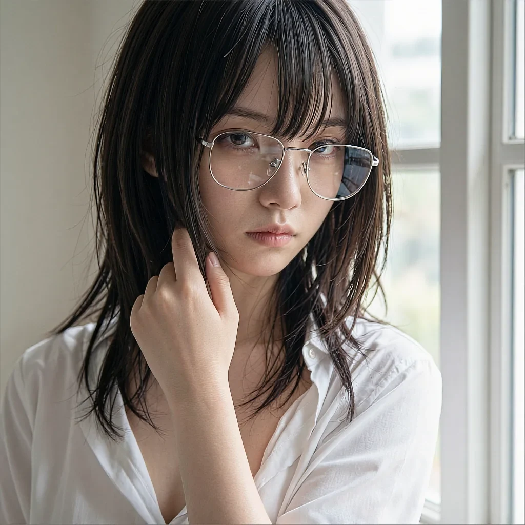 Round avatar: fictional AI character in clear-framed glasses and a white shirt by a window
