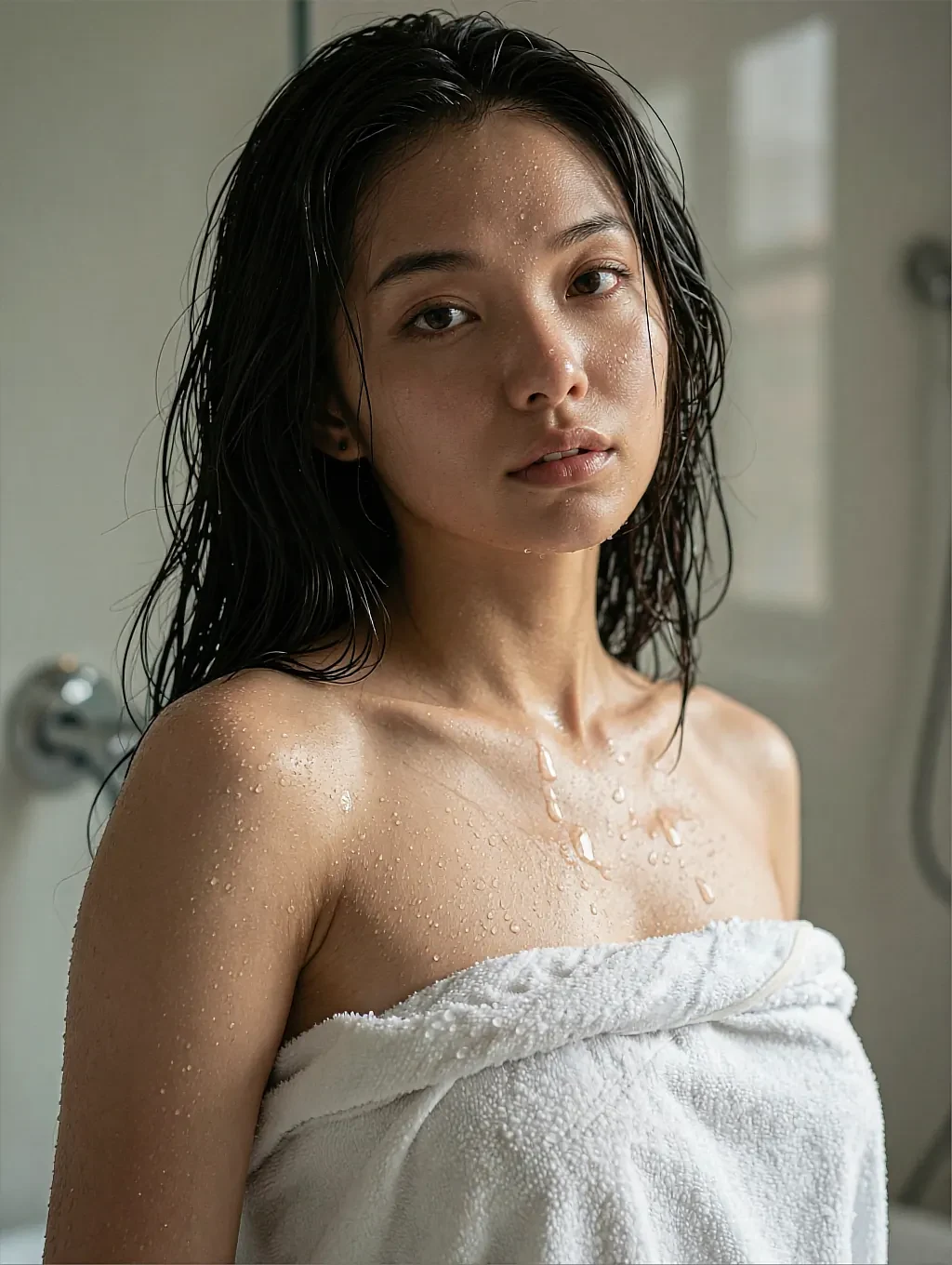 Zuri, a fictional AI character with wet hair wrapped in a white towel in a tiled bathroom