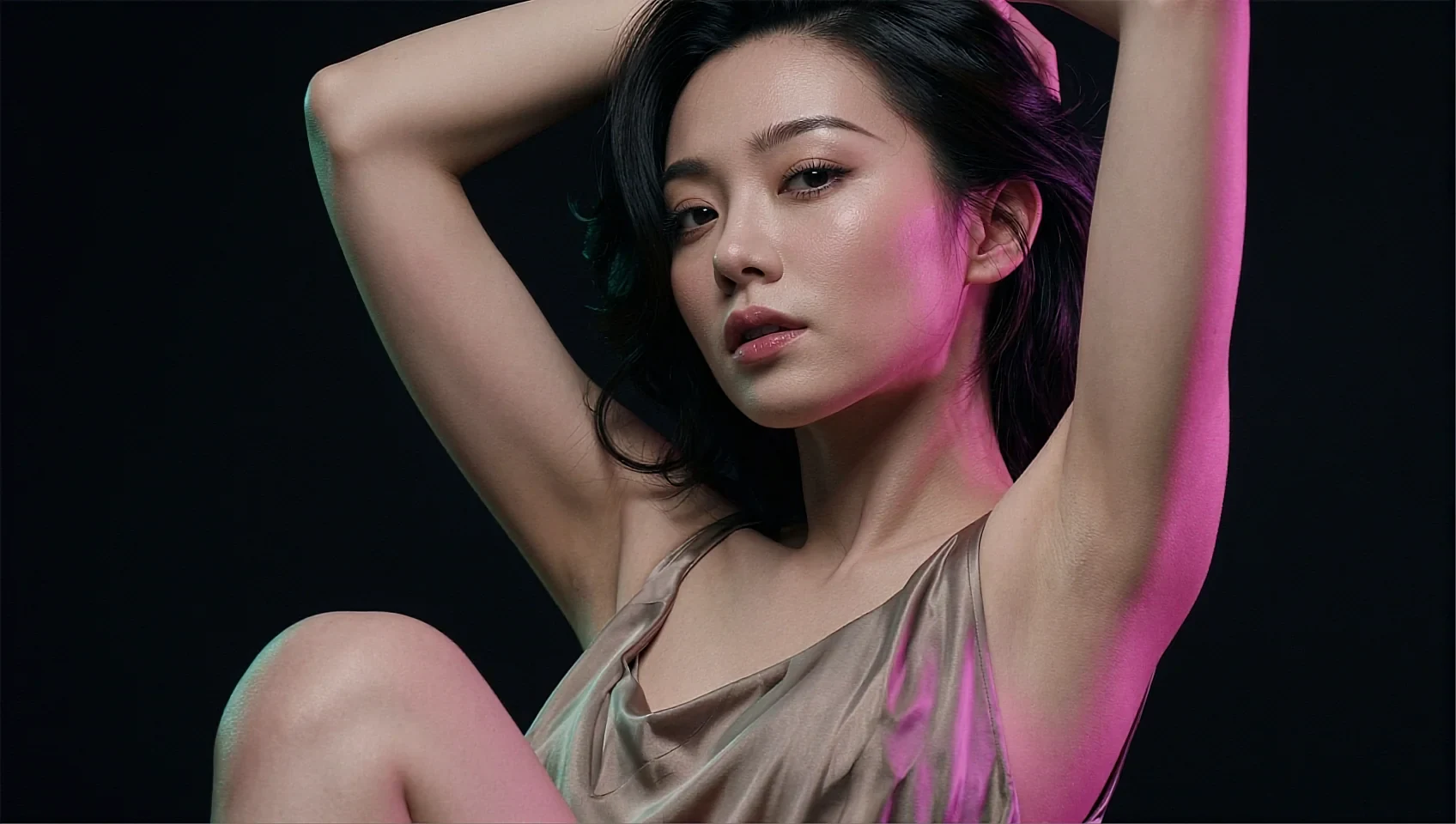 Fictional AI character with her arms raised, lit by magenta and green stage light
