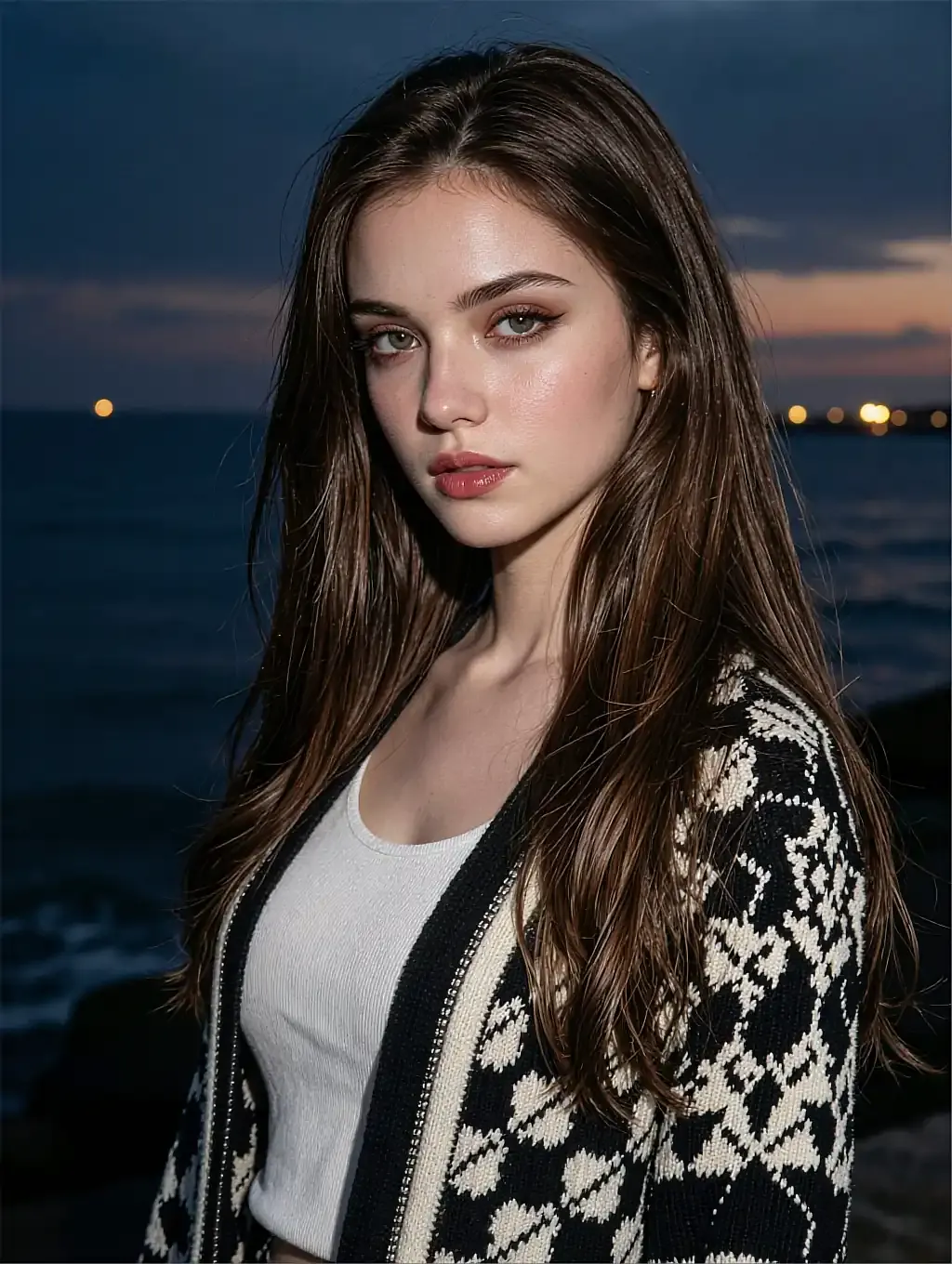 Fictional AI character in a patterned cardigan standing by the sea at dusk
