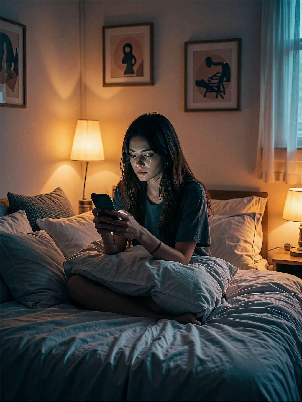 Fictional AI character on a bed with her phone, a bedside lamp lighting the room