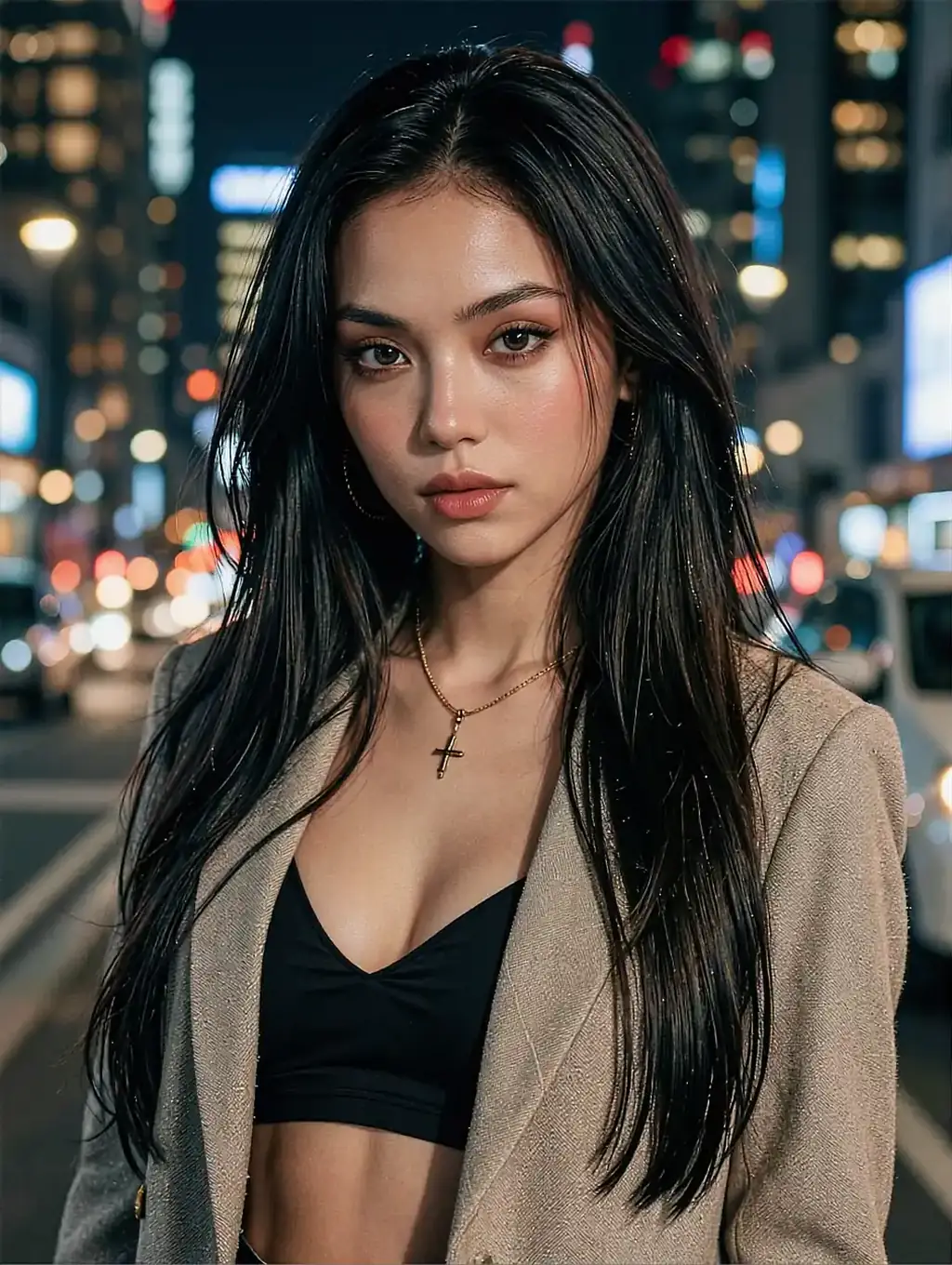 Fictional AI character in a beige coat and cross necklace on a street at night
