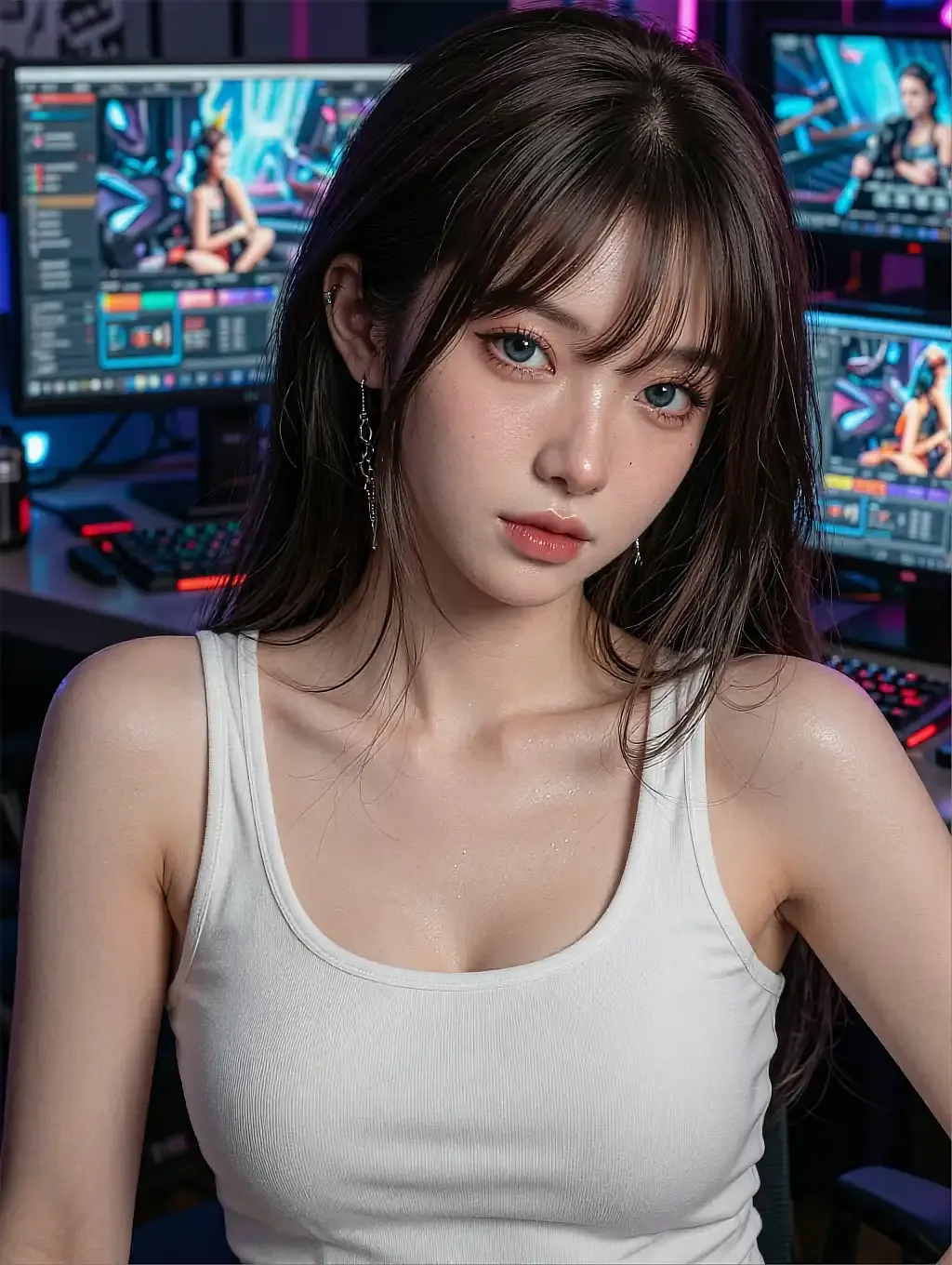 Fictional AI character in a white tank top seated in front of several lit monitors