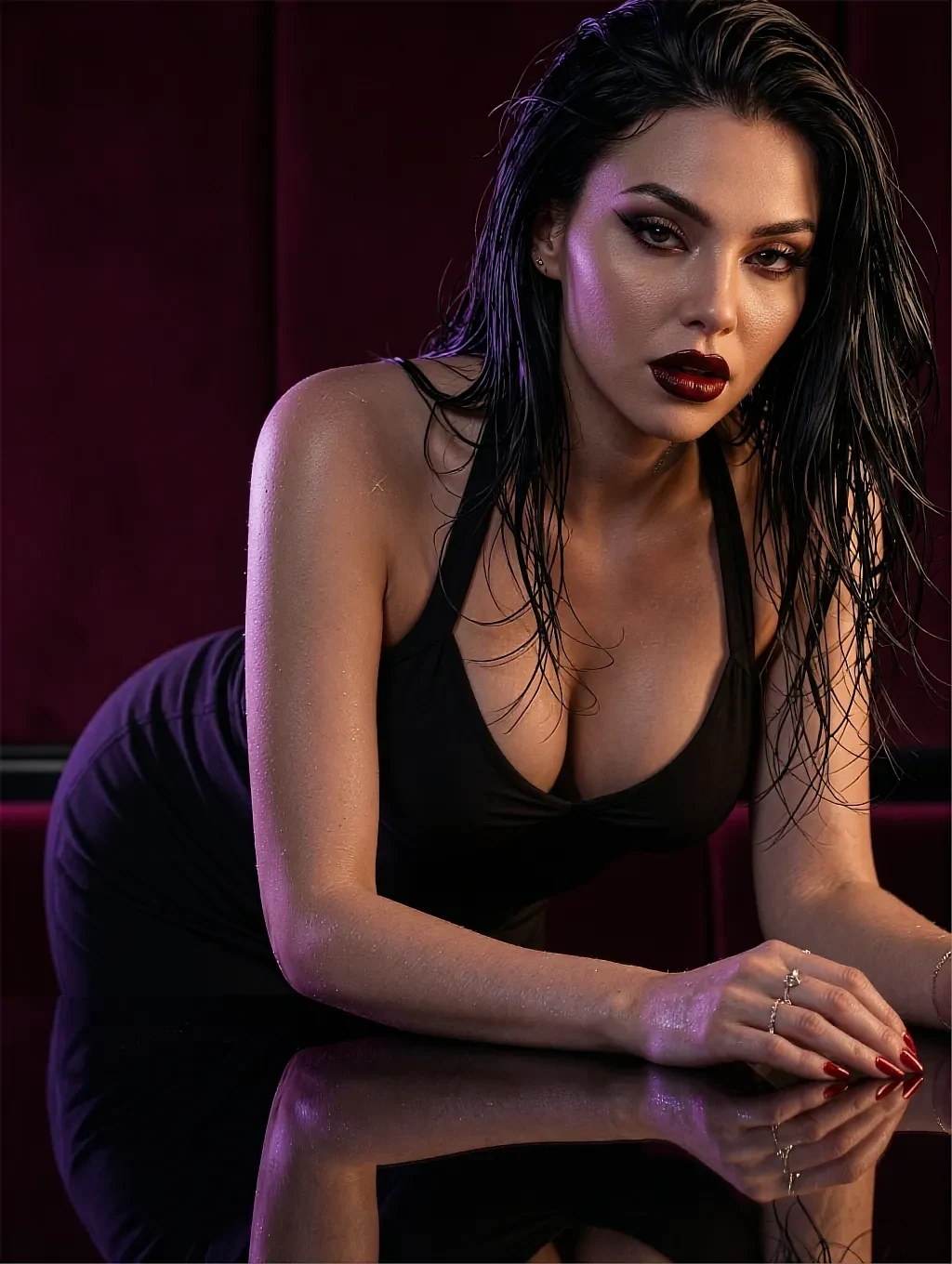 Fictional AI character in a black dress leaning on a reflective table against a red backdrop