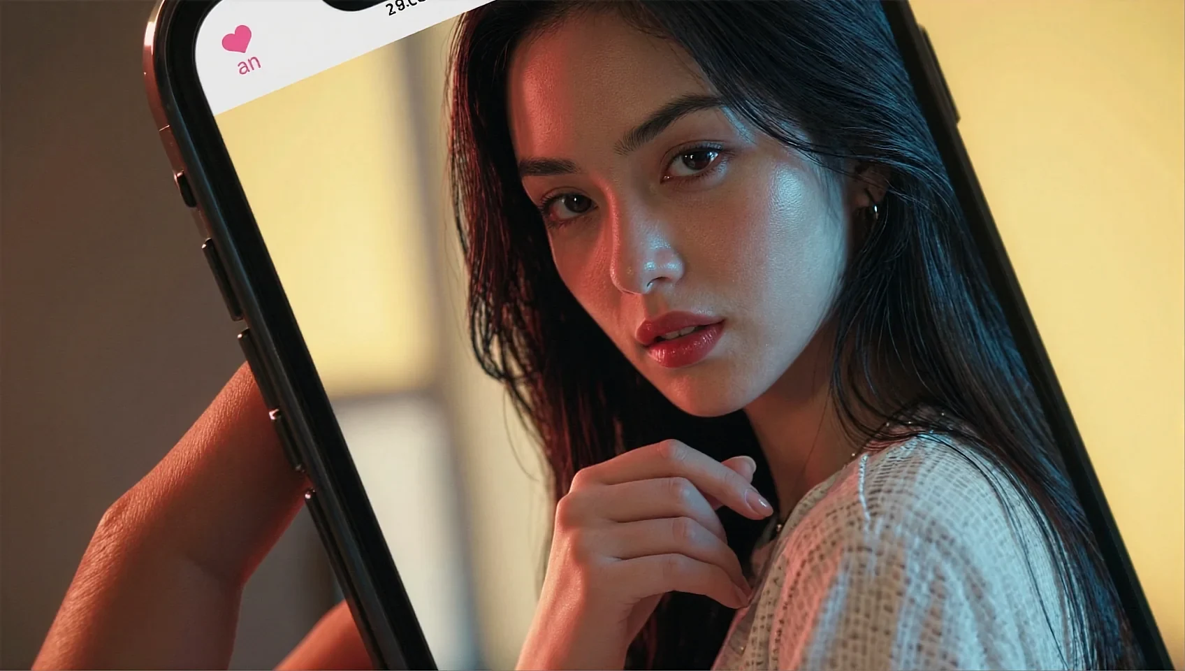 Share card: fictional AI character beside a large phone screen in a warm room